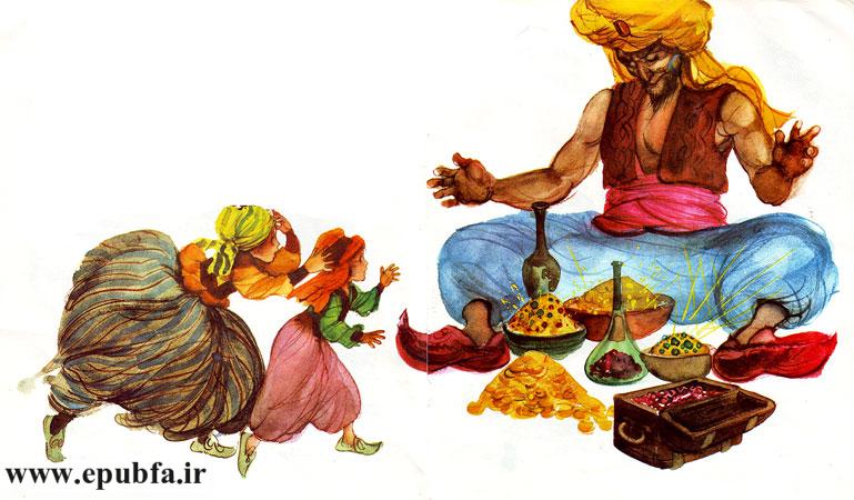 آن جن پیرامون او را پر از سکههای طلا، گوهرهای گرانبها و همه گونه سنگهای باارزش کرد.